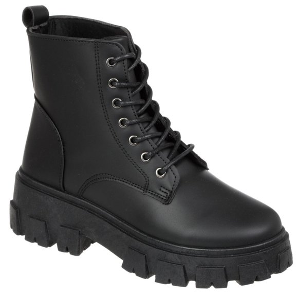 Black Chunky Lace-Up Ankle Boots - Picture 1 of 8